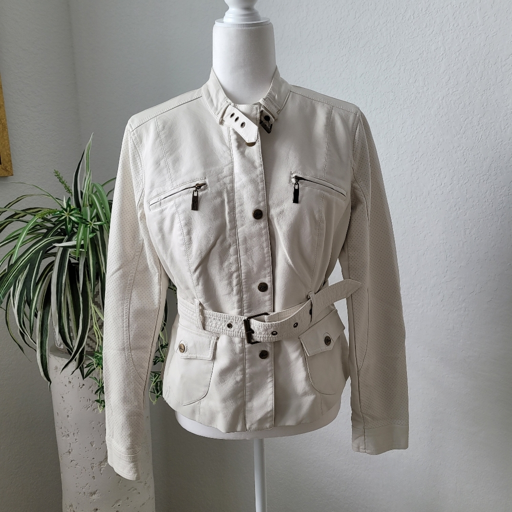 NWOT Guess Winter-White Faux Leather Zip Moto Jacket Women's Sz L